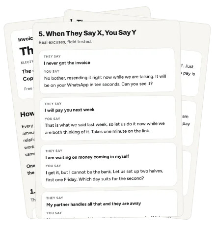 Three pages of the Chase Pack, one on another: the cover, the chase ladder, and what to say to every excuse.