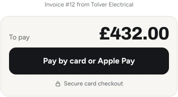 The page your client gets: the amount to pay and a Pay by card or Apple Pay button.